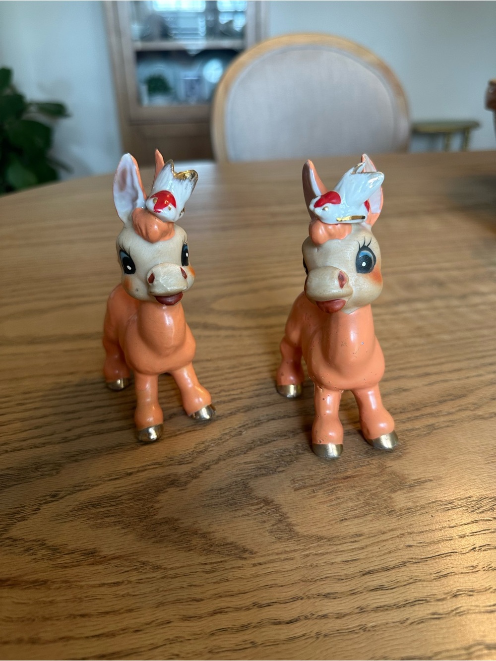 Vintage Style Ceramic Donkey Figurine Pair in Peach with White Accents